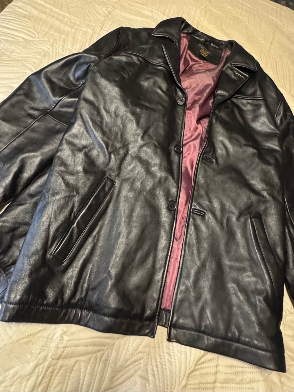 Alexander Julian 100% Shell Black Leather Button UP Bomber, Burgundy Lining XL
